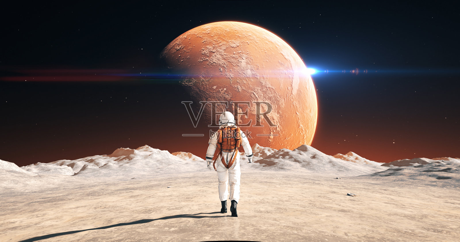 宇航员在外星球走向基地，可见火星照片摄影图片