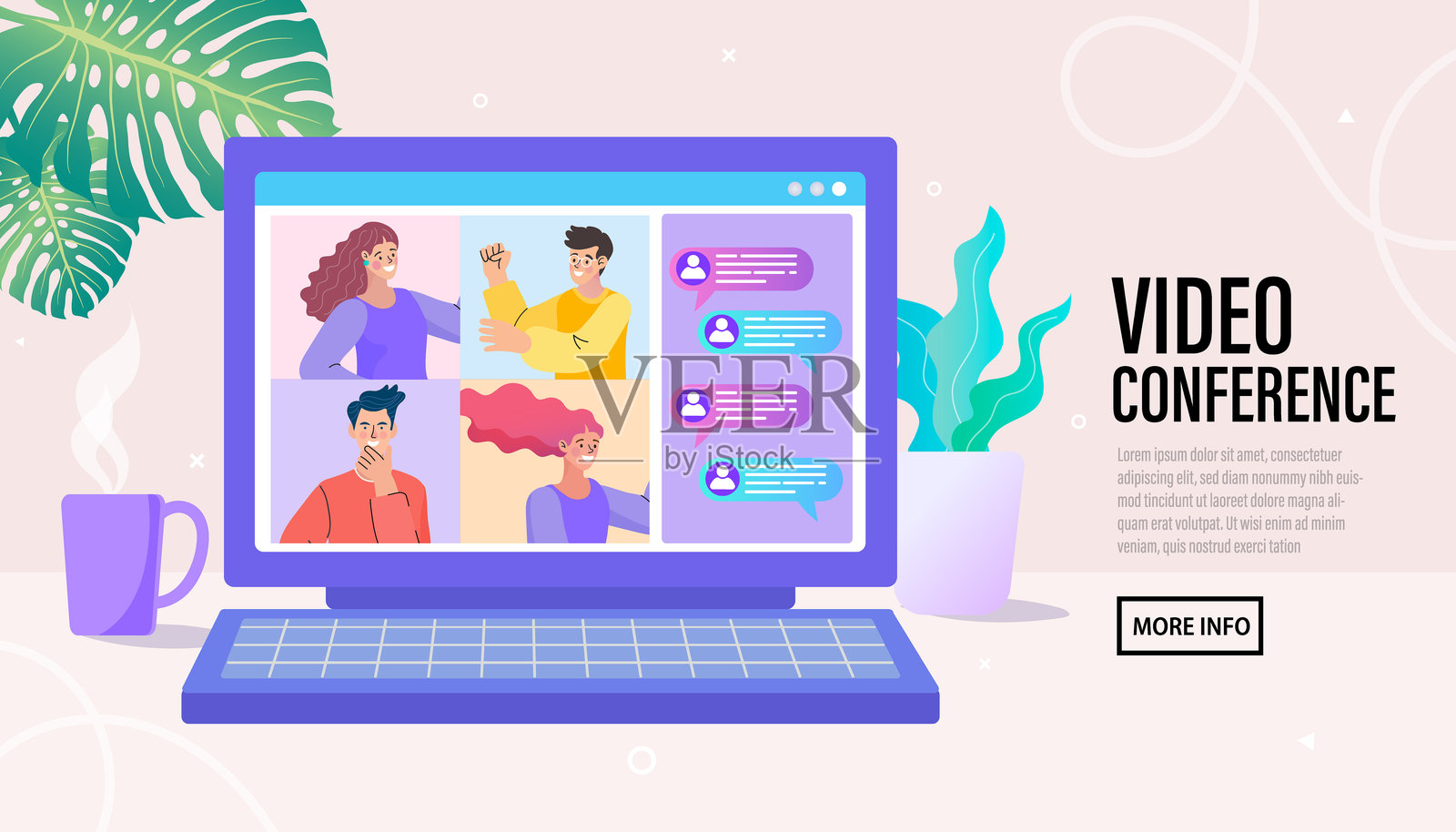 矢量图：员工在手机上与多位同事进行视频通话。在家中，女性与客户进行视频会议。快乐的团队在线交流。插画图片素材