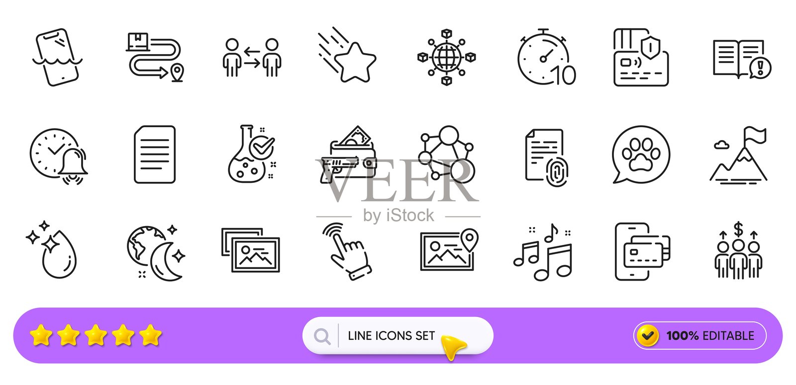 会议、化学实验室和指纹线条图标，用于网页应用。图标图示。线条图标。矢量图。插画图片素材