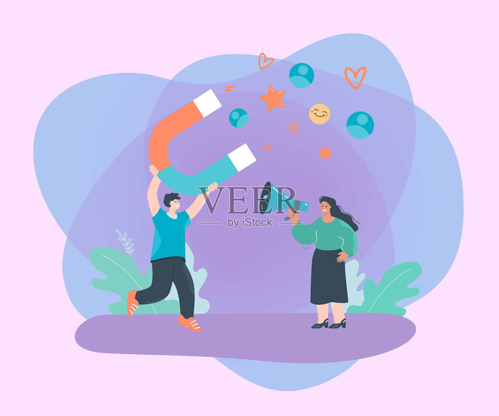 使用磁铁吸引新粉丝的工人插画图片素材