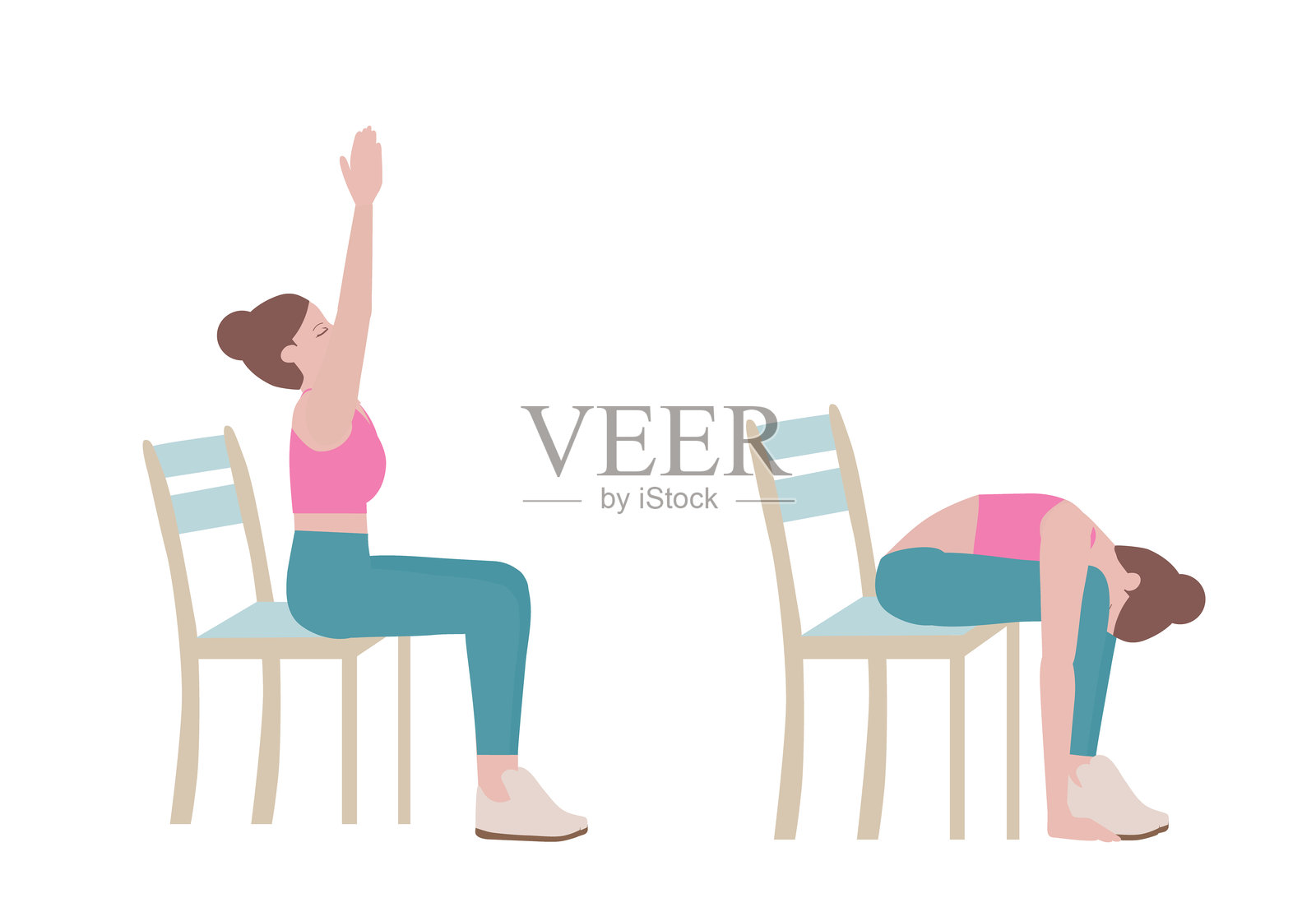 在家用稳固的椅子做运动：搭配太阳致敬式手臂姿势插画图片素材