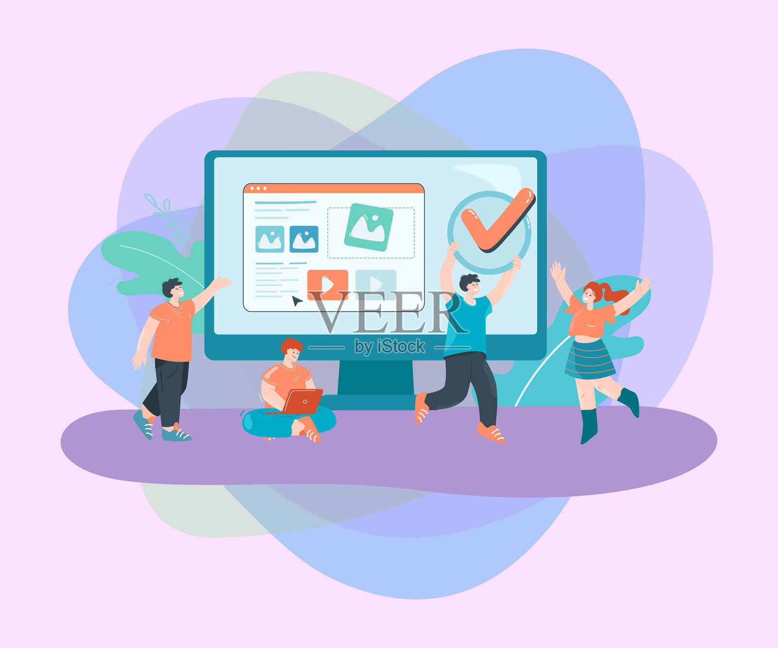 带有勾选标记和巨大电脑屏幕的小型内容创作者插画图片素材