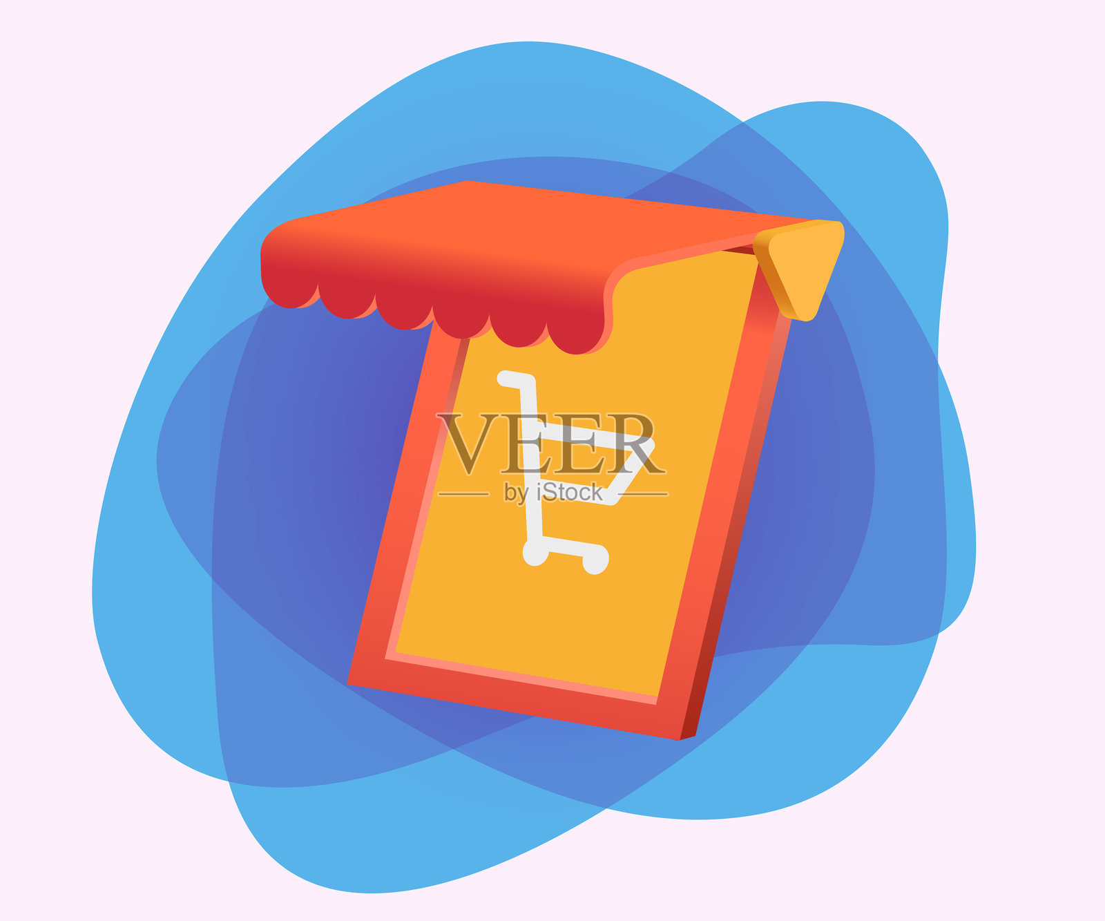 带有遮阳篷和购物车符号的手机3D图标插画图片素材