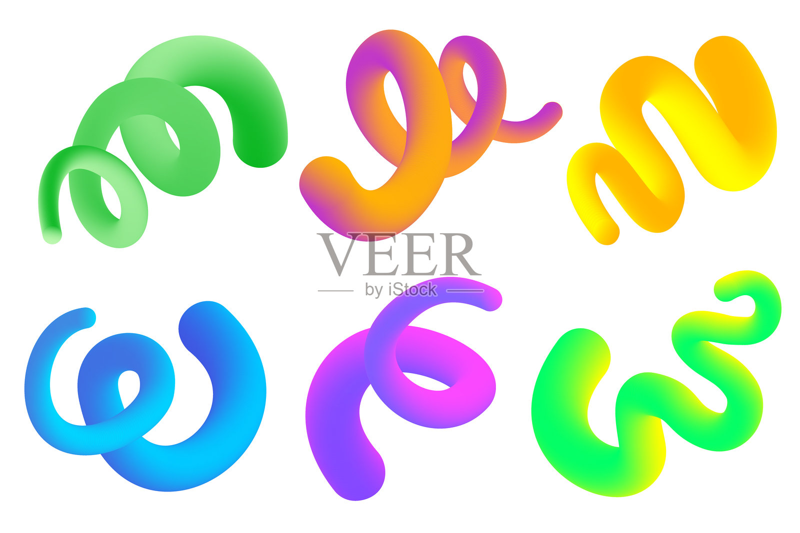 3D 渐变漩涡形状。白色背景上的抽象渐变波浪形状。矢量螺旋混合图形动态元素。明亮的霓虹有机线条与颜色渐变。插画图片素材