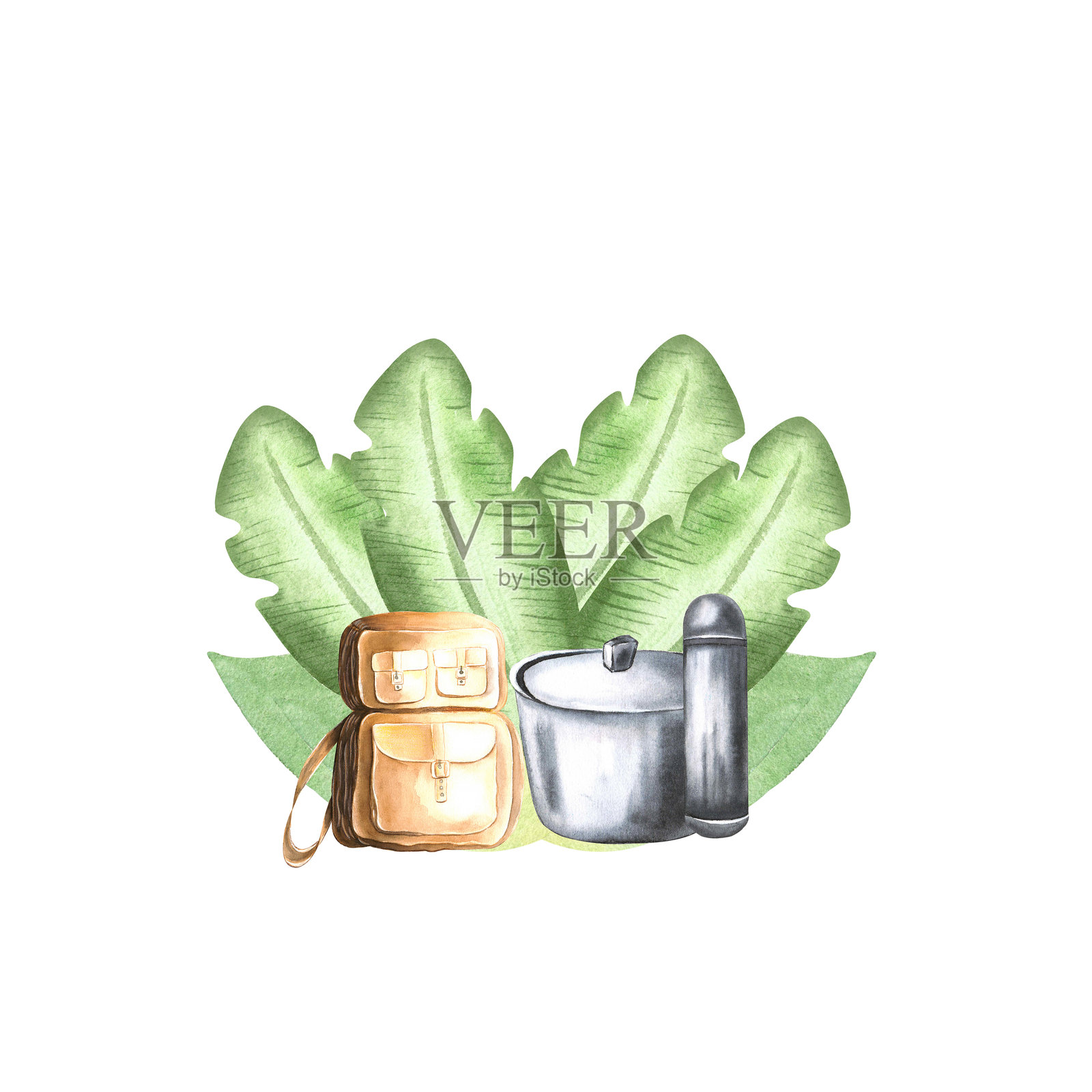 徒步旅行水彩画套装。手绘水彩插图，背景为白色。用于设计的徒步旅行水彩画套装。插画图片素材