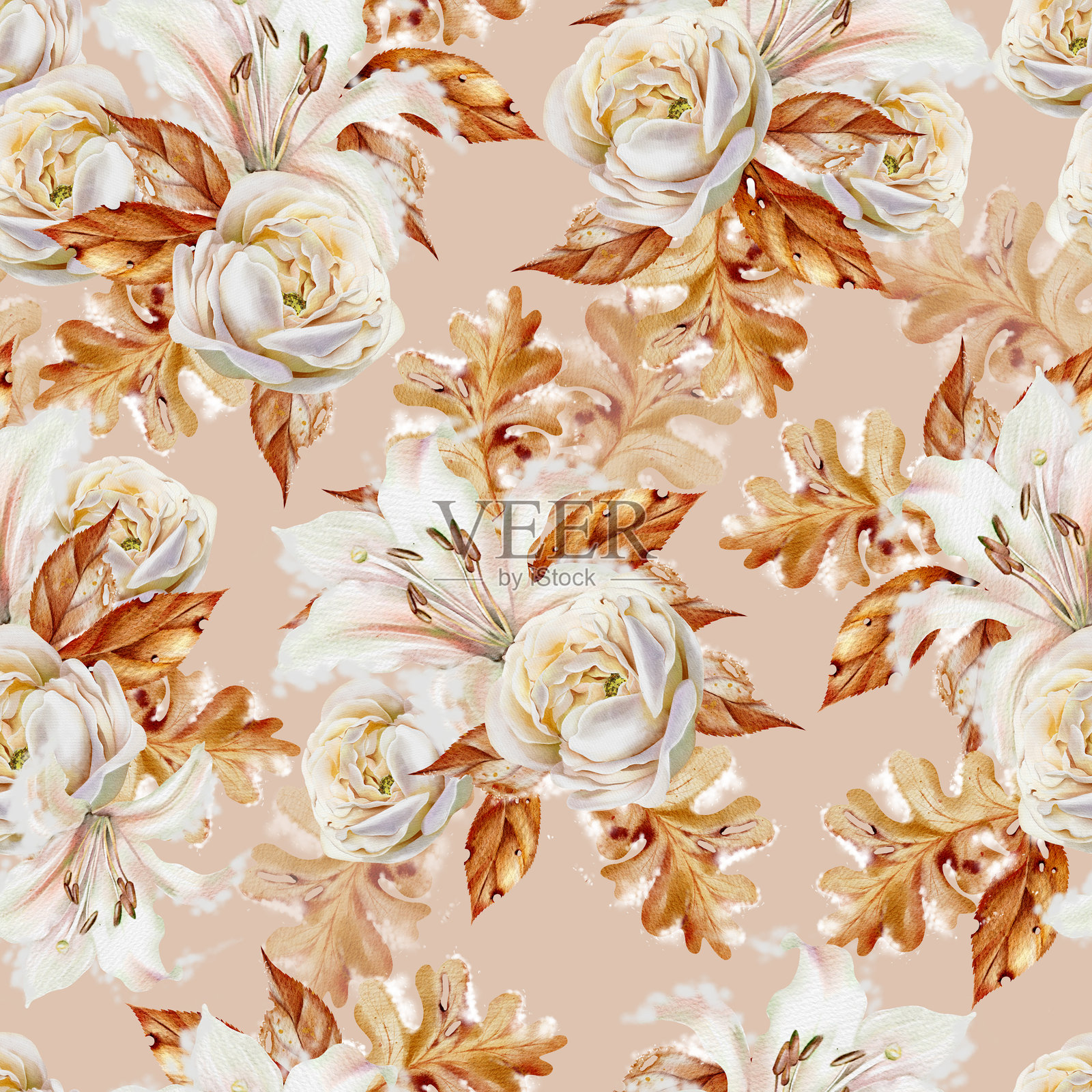 秋季水彩玫瑰花和叶子的无缝图案。插画图片素材