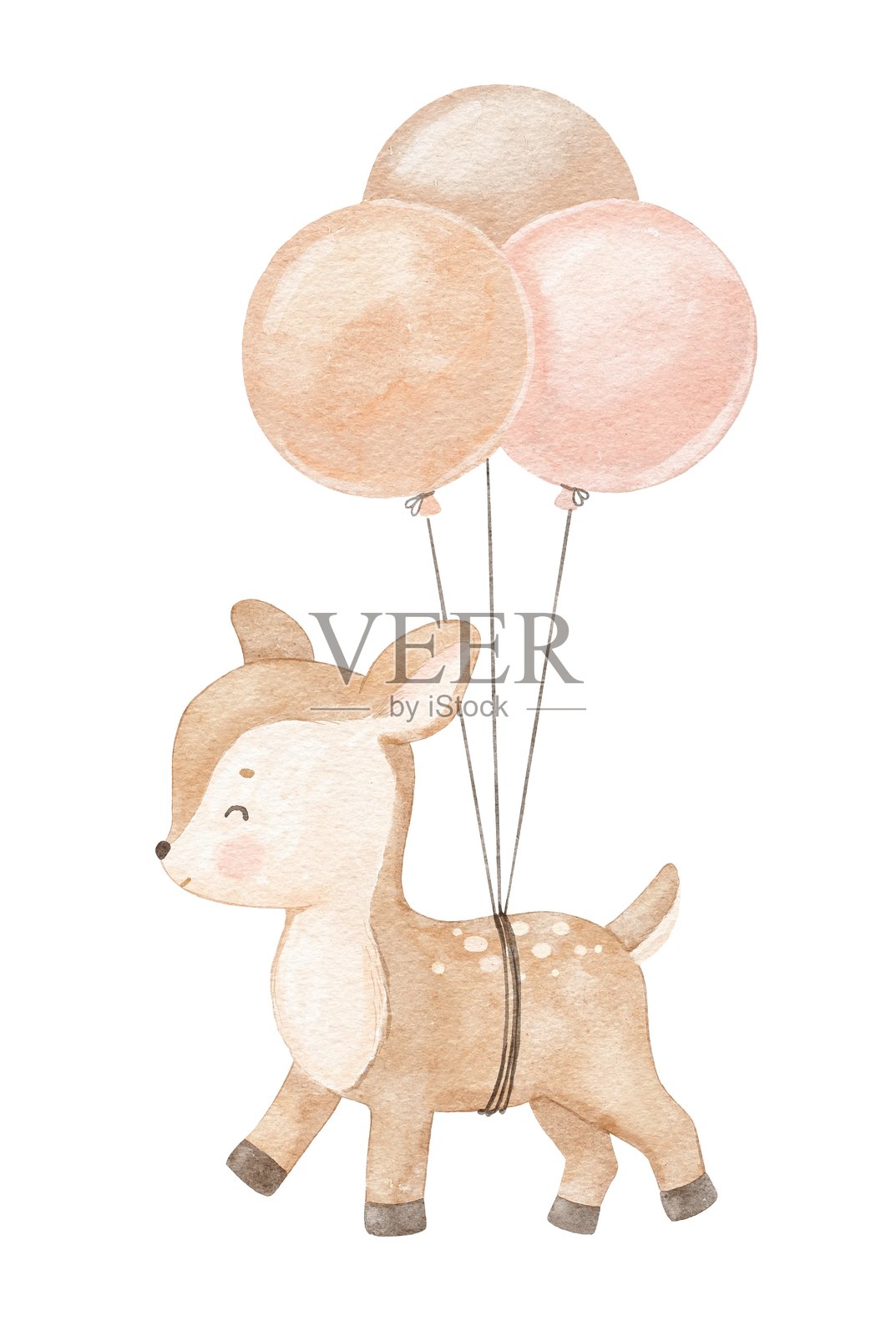 可爱的小鹿正在与气球一起飞翔。水彩动物画。插画图片素材