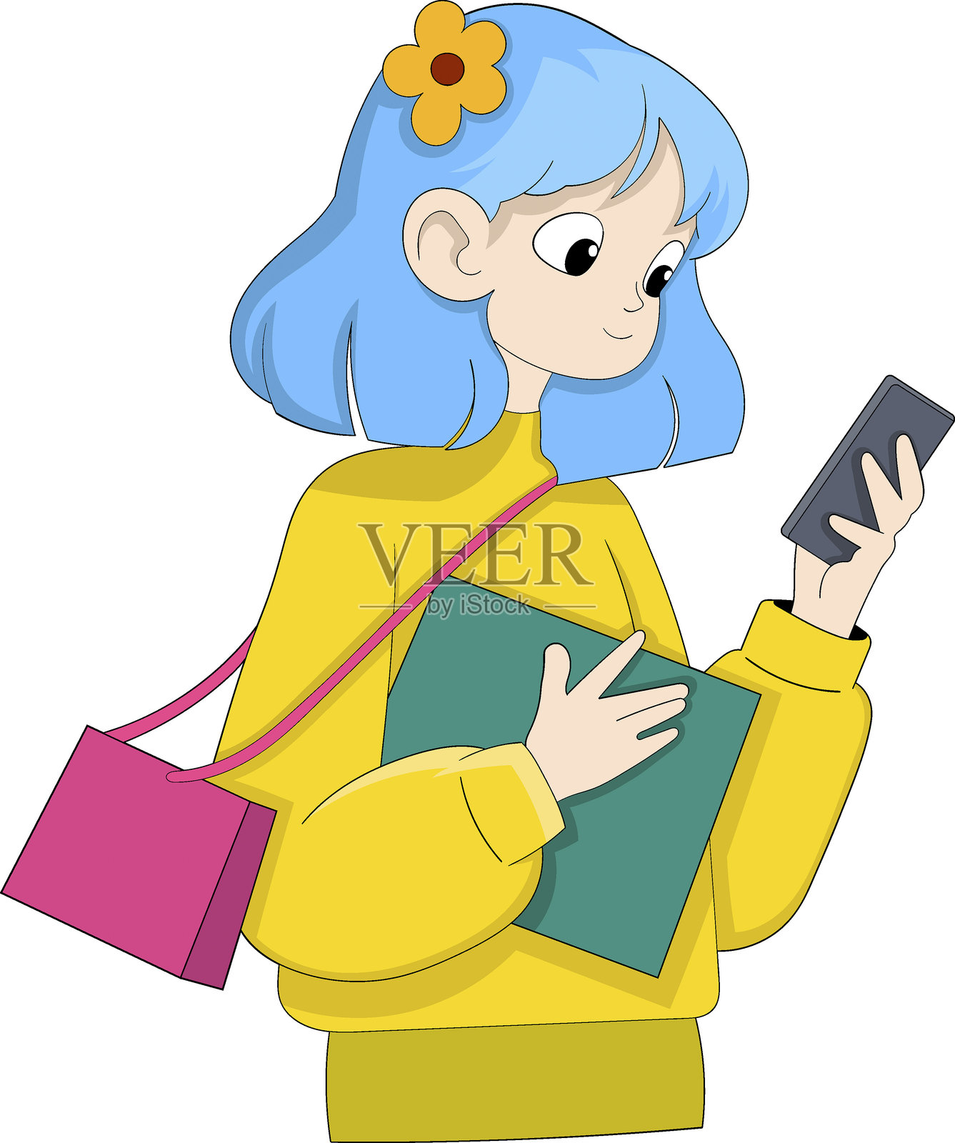 通过手机App轻松购物，年轻女性在彩色卡通插图中玩智能手机插画图片素材