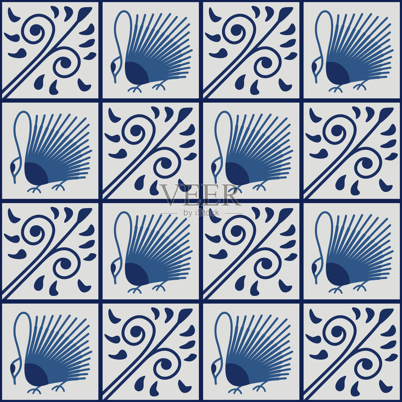 威廉·莫里斯蓝色天鹅与叶子复古瓷砖图案插画图片素材