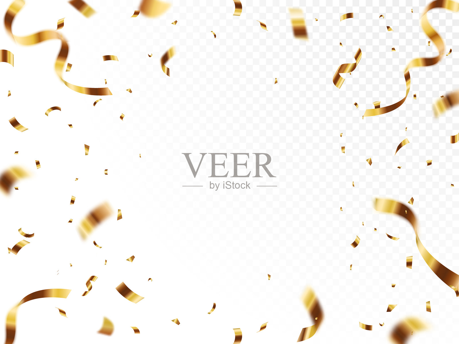 金色彩纸屑。庆祝派对背景设计，透明背景上飘落的闪亮金色彩纸屑，庆祝狂欢节的丝带，节日海报概念。插画图片素材