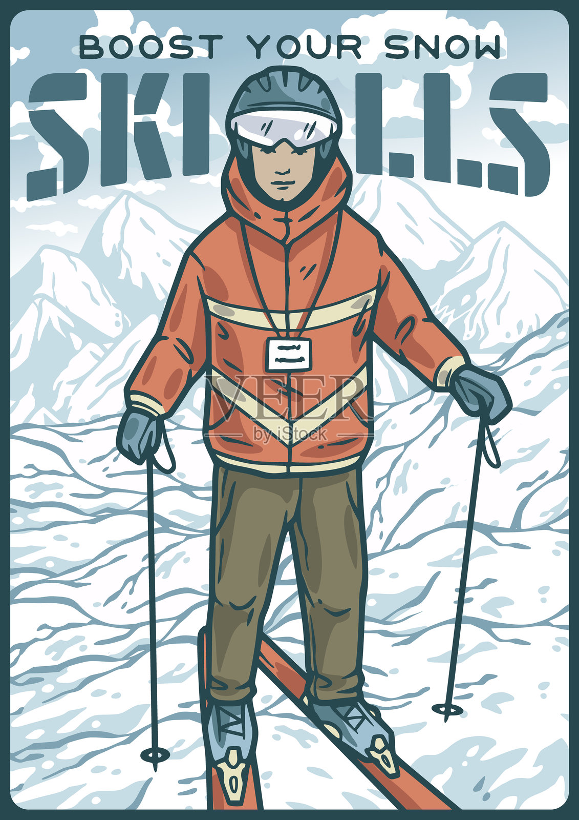 滑雪教练站在山顶准备滑雪插画图片素材