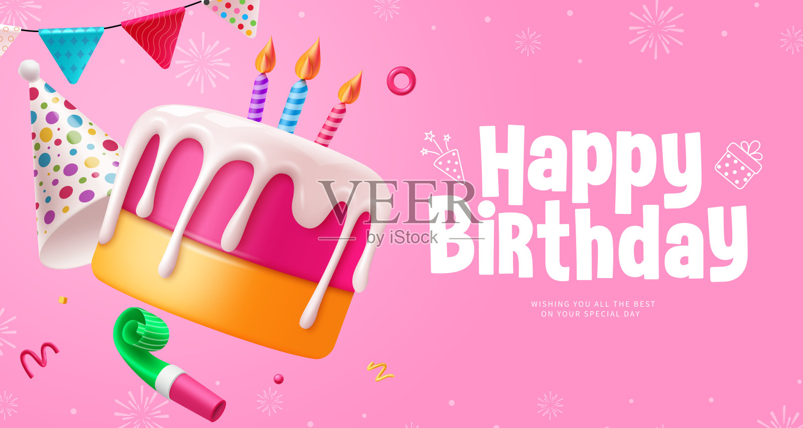 生日蛋糕矢量背景设计。带有蛋糕和蜡烛的生日祝福文字。插画图片素材