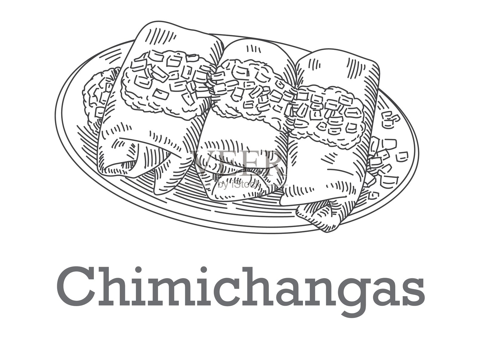 盘子上的奇米昌加，手绘素描风格。传统墨西哥美食。插画图片素材