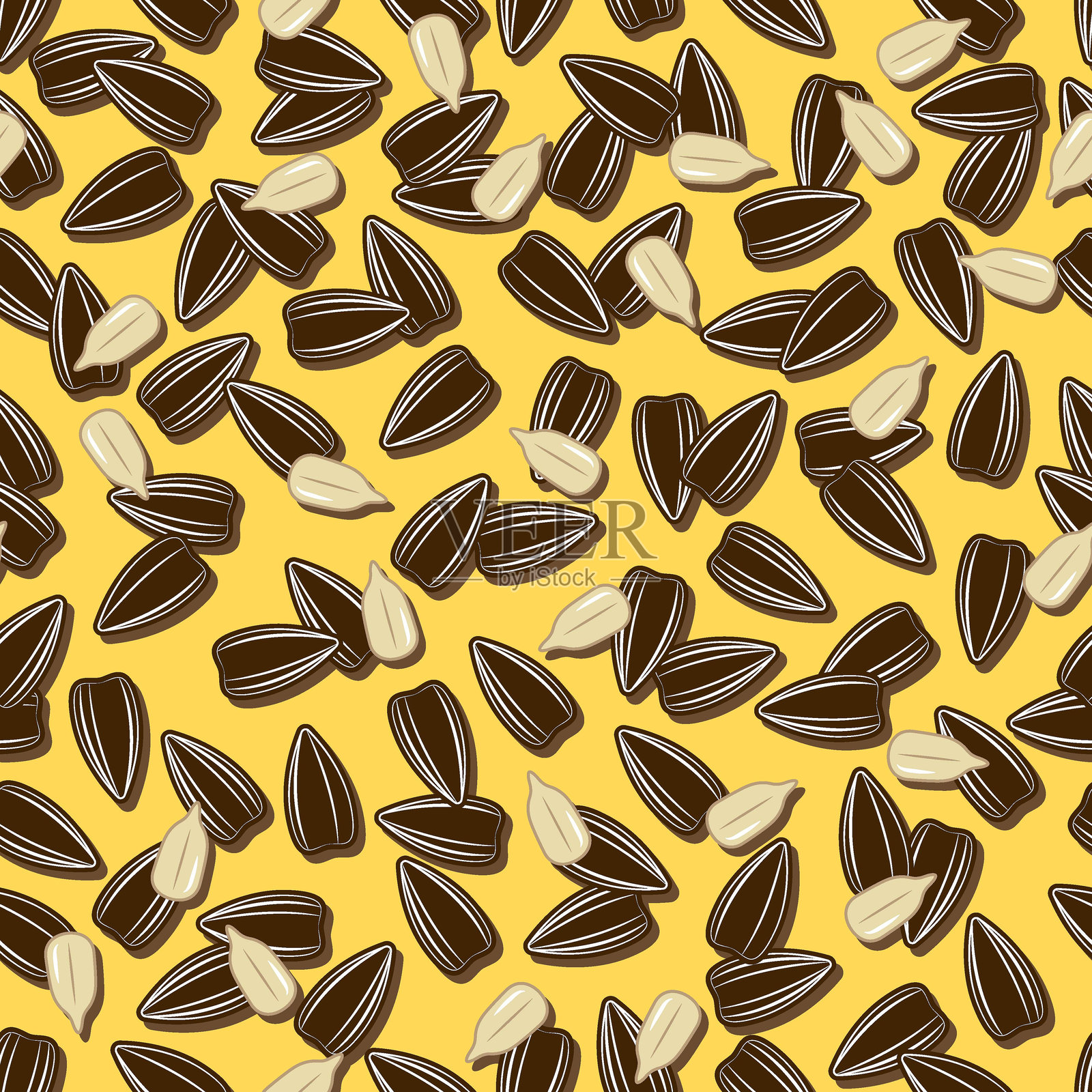 带有散落的条纹黑色葵花籽和去皮种子的无缝图案。黄色背景。适用于品牌、食品包装和印刷的简单图形。插画图片素材