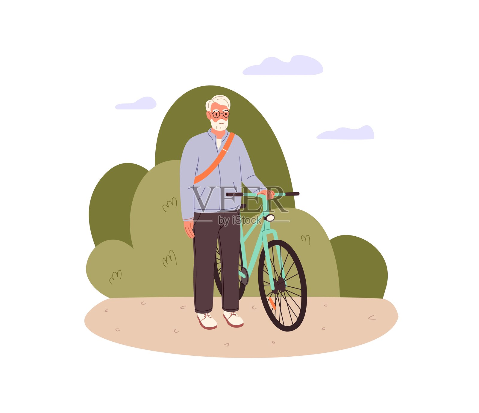 老年骑自行车者在户外与自行车站立。老年人骑车出行。公园里的老年骑行者与自行车。祖父的积极生活方式。白色背景上的平面孤立矢量插图。插画图片素材