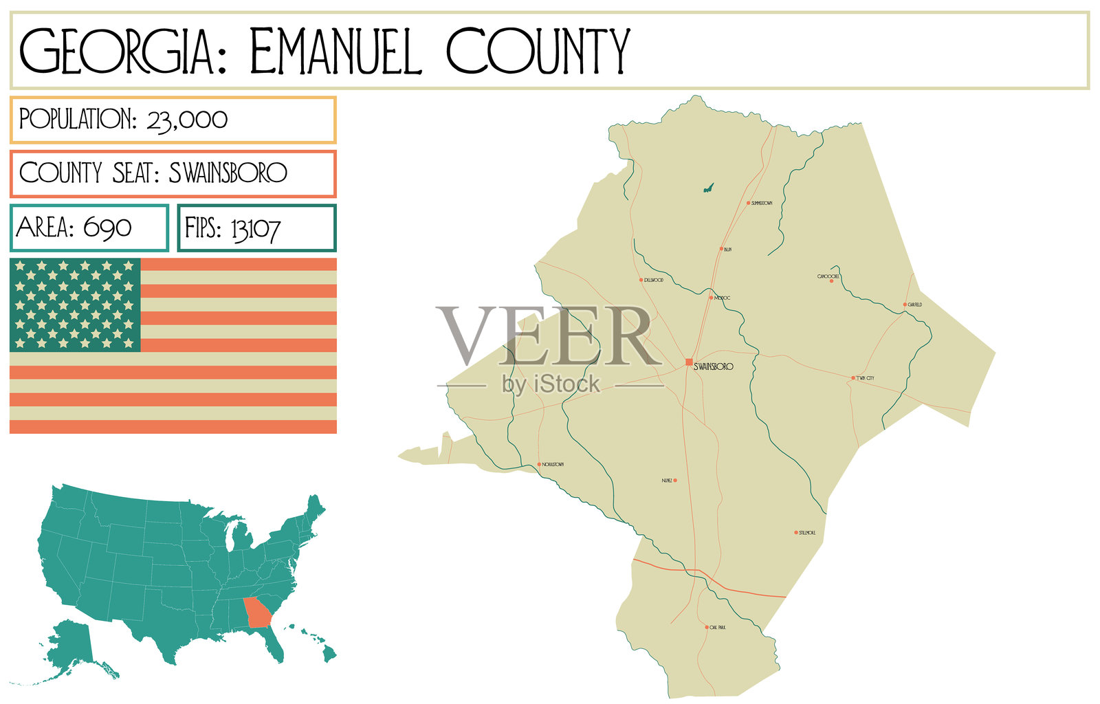 美国乔治亚州伊曼纽尔县的大型详细地图。插画图片素材