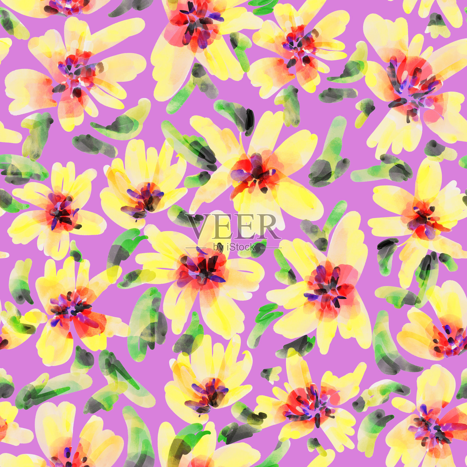 水彩画。无缝花卉图案，色彩鲜艳的花朵和叶子。时尚印刷的优雅模板。现代花卉背景。时尚的民俗风格。民族风格。霓虹色。插画图片素材