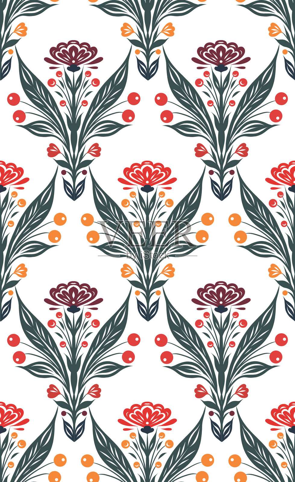 带有花卉花束的矢量装饰民间艺术无缝图案。几何表面设计结合花朵和华丽的花卉装饰。插画图片素材
