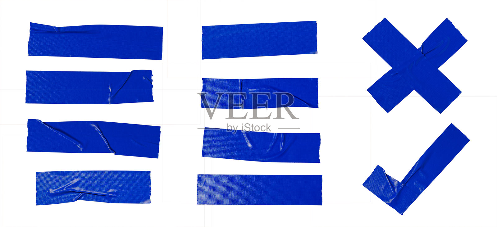 一组不同形状的蓝色粘性胶带，孤立在白色背景上。照片摄影图片