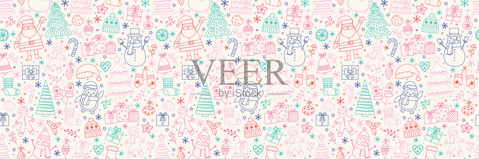 圣诞背景设计。无缝图案与卡通装饰品。矢量插图插画图片素材