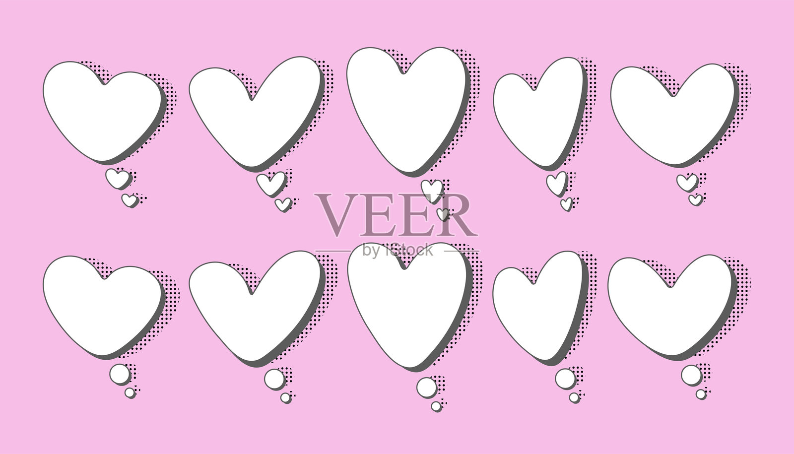 各种心形的白色空思考气泡，带有阴影插画图片素材