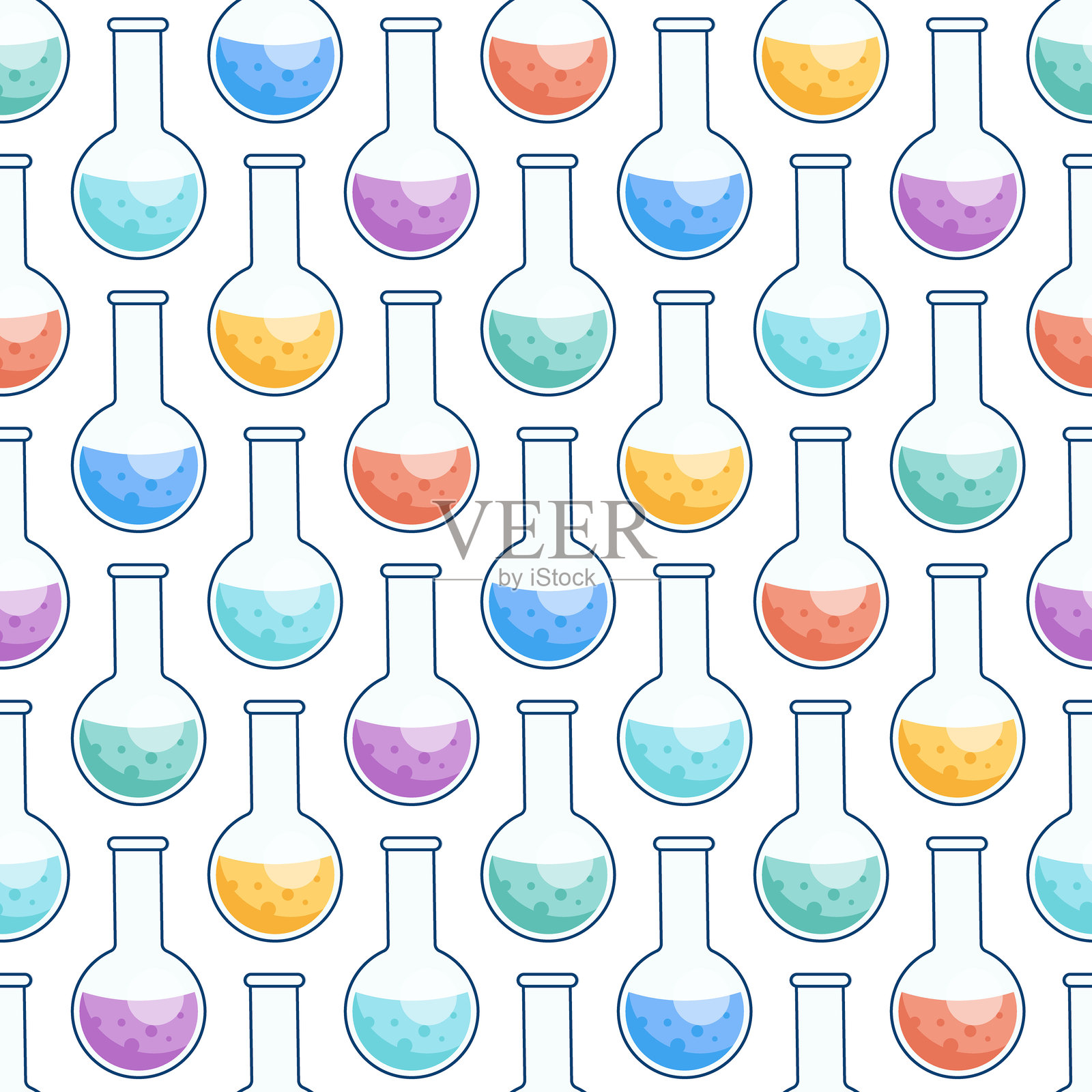 圆形化学烧瓶与彩色试剂。平底烧瓶和液体的图案。化学无缝纹理。插画图片素材