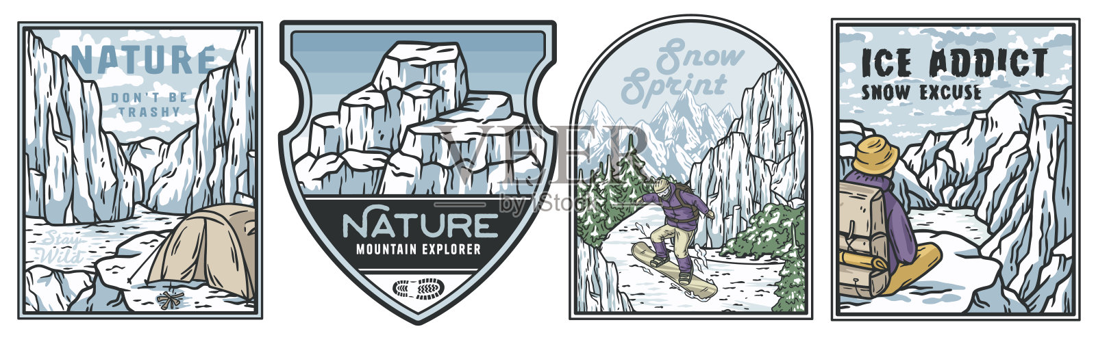 复古单色插图合集：滑雪者和登山者插画图片素材