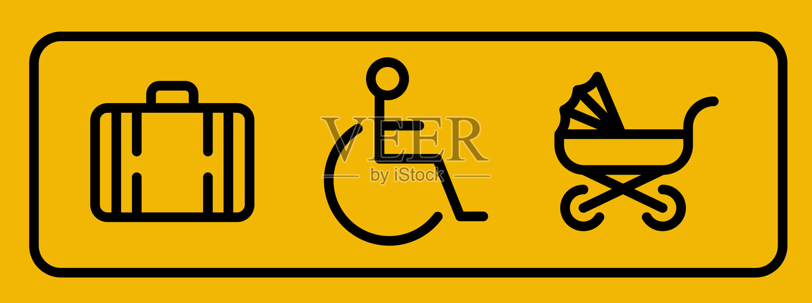 黄色标志上有残疾人轮椅、婴儿车和行李图标。地铁或轻轨站的电梯优先图标，优先考虑使用婴儿车和残疾人士。插画图片素材