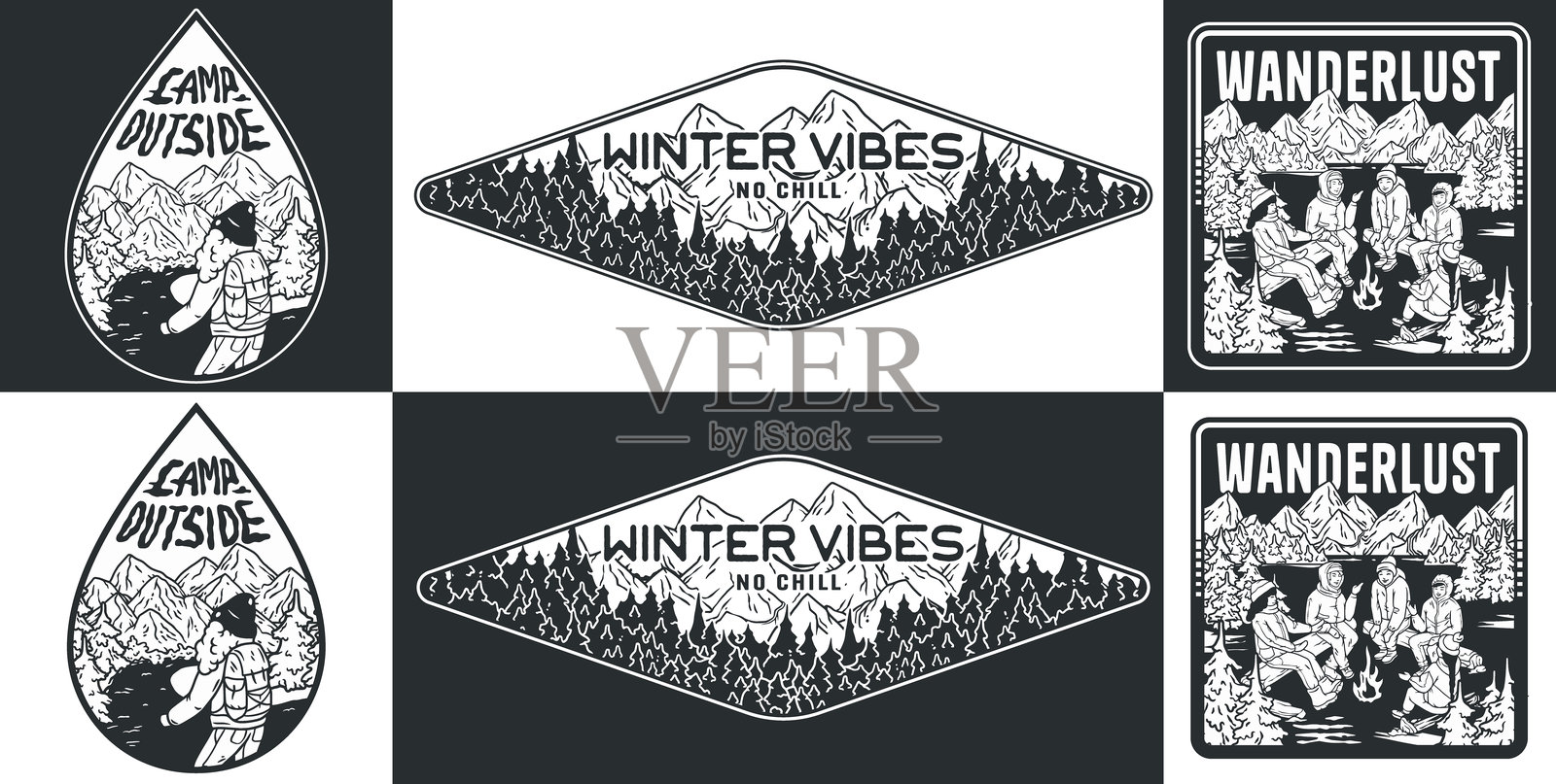 复古单色徽章和标志套装，人们在雪地露营、滑雪，享受冬季氛围插画图片素材