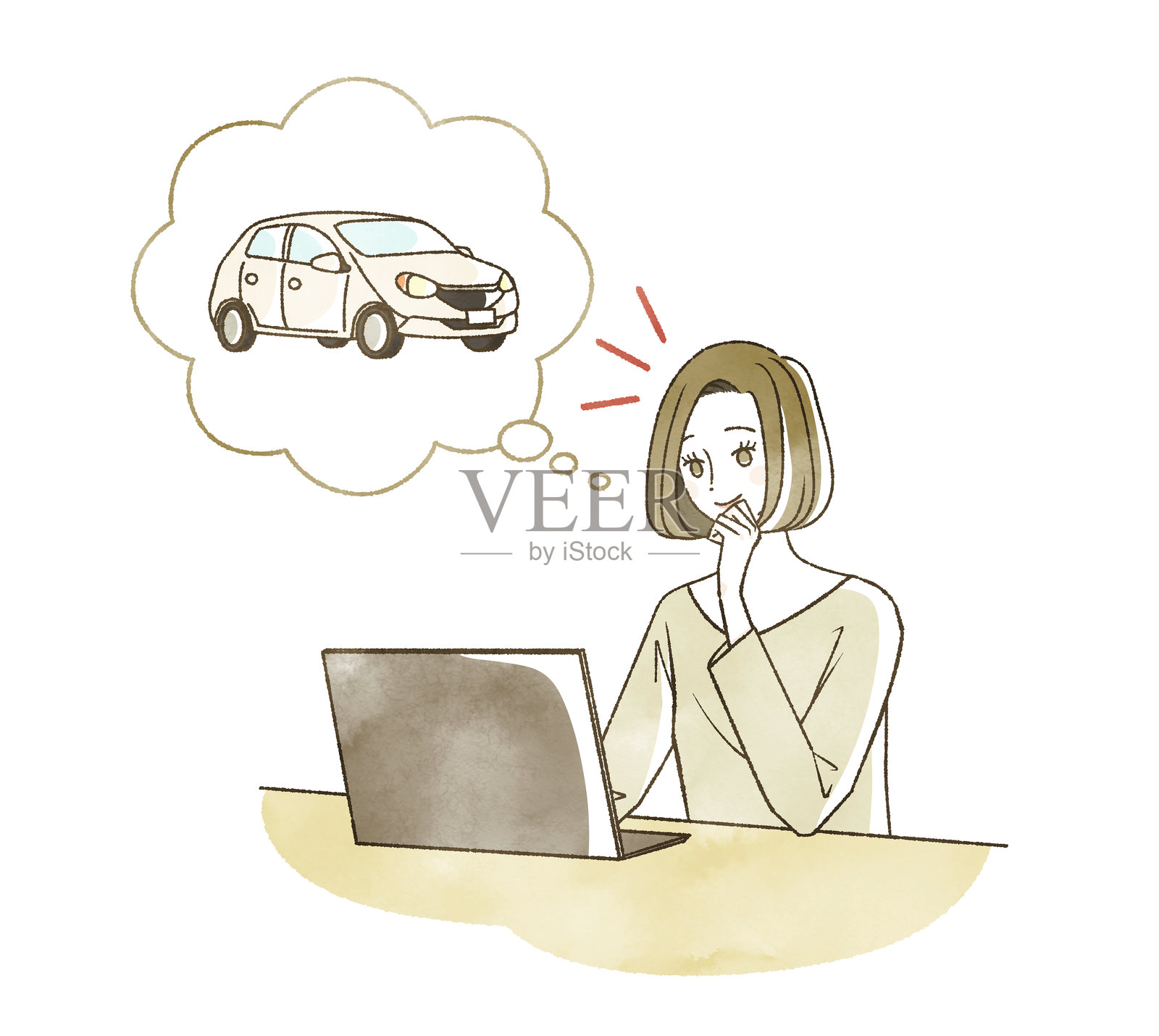 一名女子在笔记本电脑上研究汽车插画图片素材