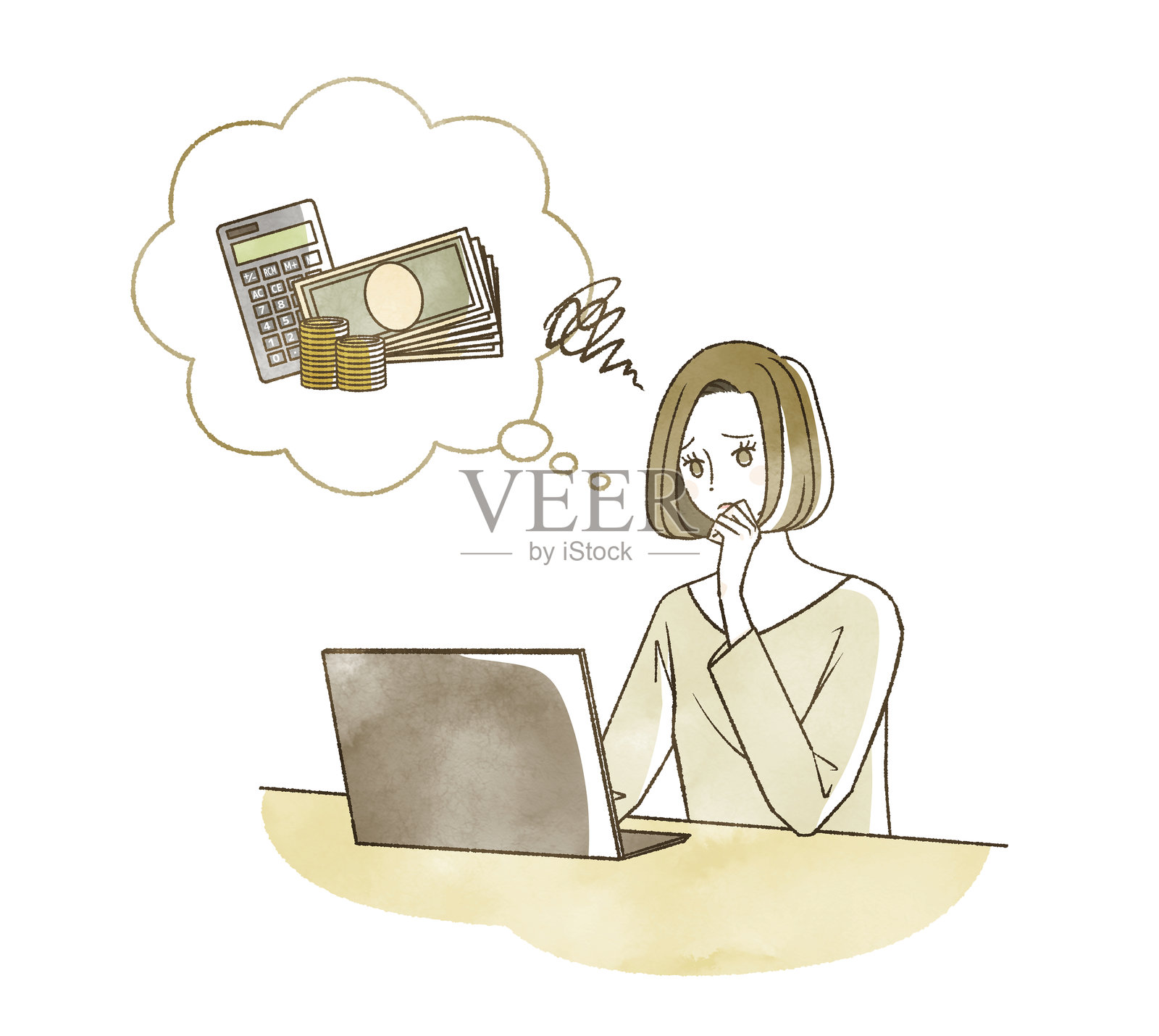 女子在笔记本电脑上研究理财插画图片素材