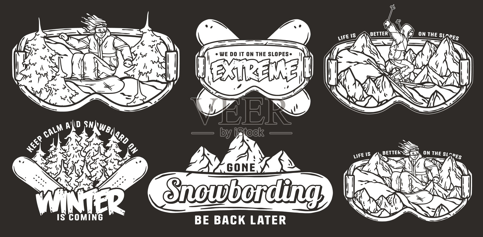 一组单色滑雪徽章，适用于冬季运动设计插画图片素材