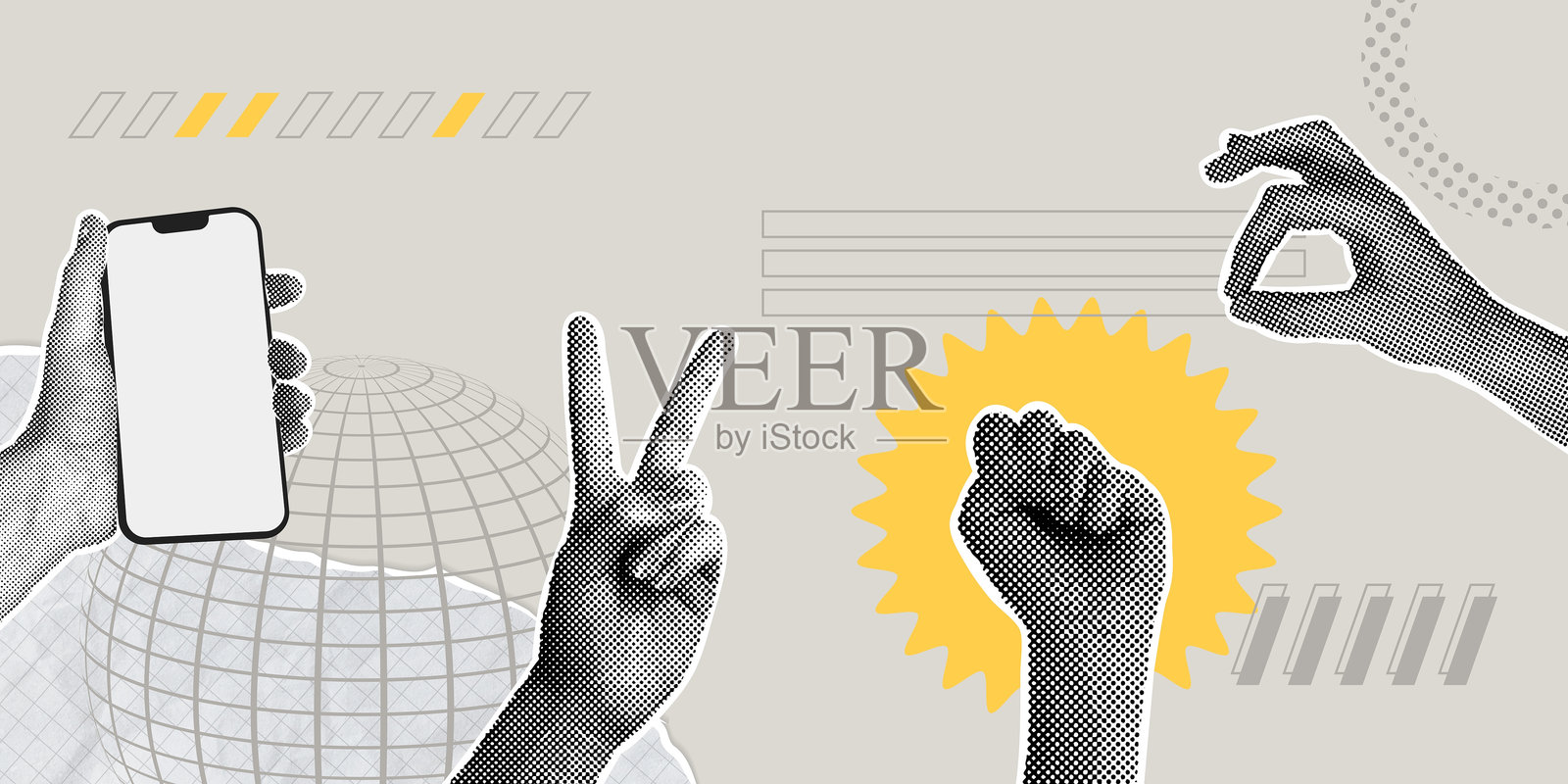 现代半色调拼贴：OK、胜利、和平、团结的手势，支持概念插画图片素材