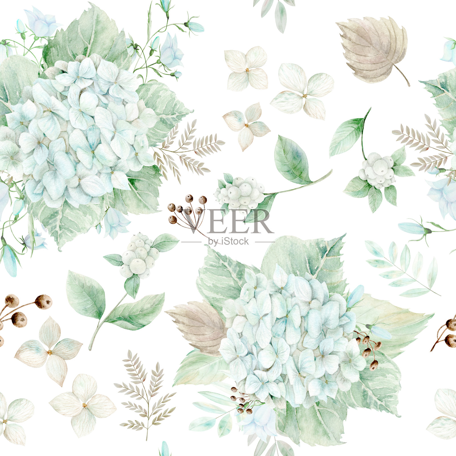 无缝绣球花图案。蓝色绣球花和雪莓的水彩插图。插图为手绘。适合装饰和纺织品。插画图片素材