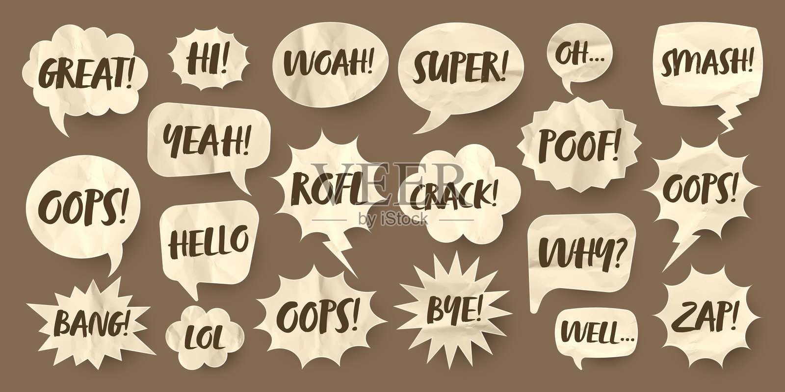 棕色褶皱纸质漫画对话气泡，手绘复古卡通贴纸，波普艺术风格，带有纸板纹理的旧复古对话框，矢量图插画图片素材