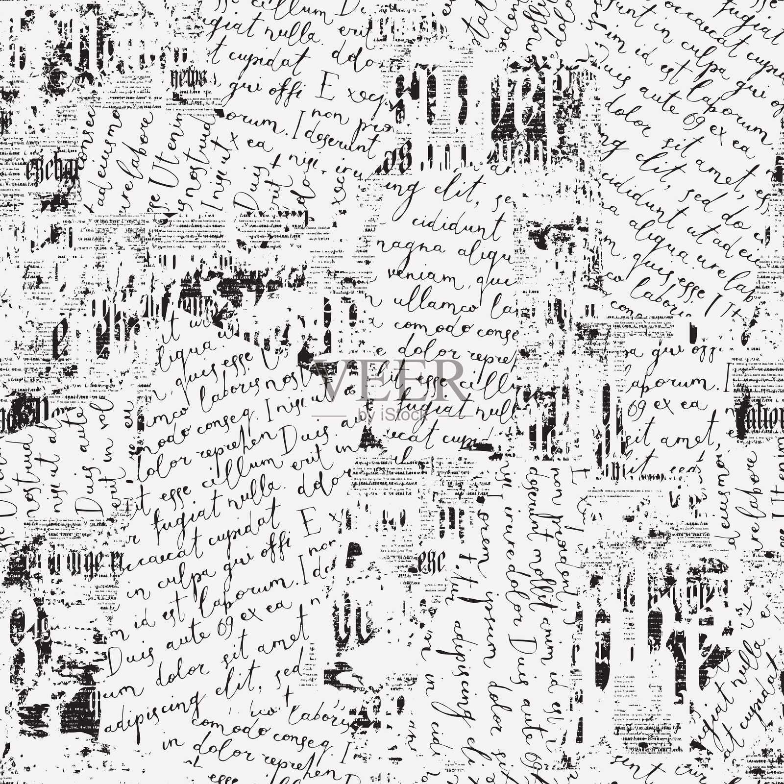 报纸上手写文本的抽象无缝图案插画图片素材