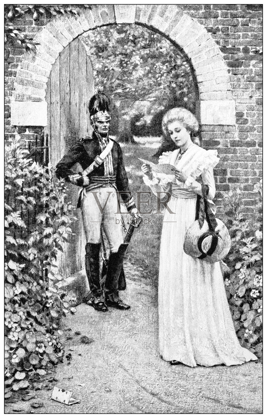 古董照片：E·布莱尔·莱顿的画作《前线的消息》插画图片素材