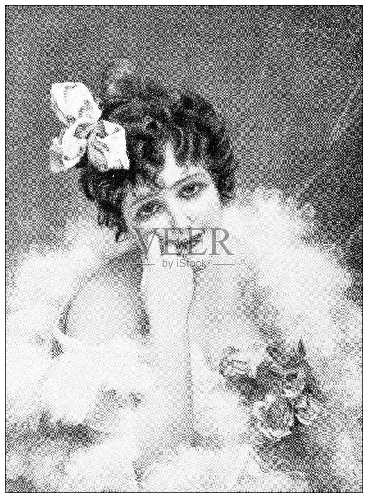 古董画作：G·费里尔的《黑发女郎》插画图片素材