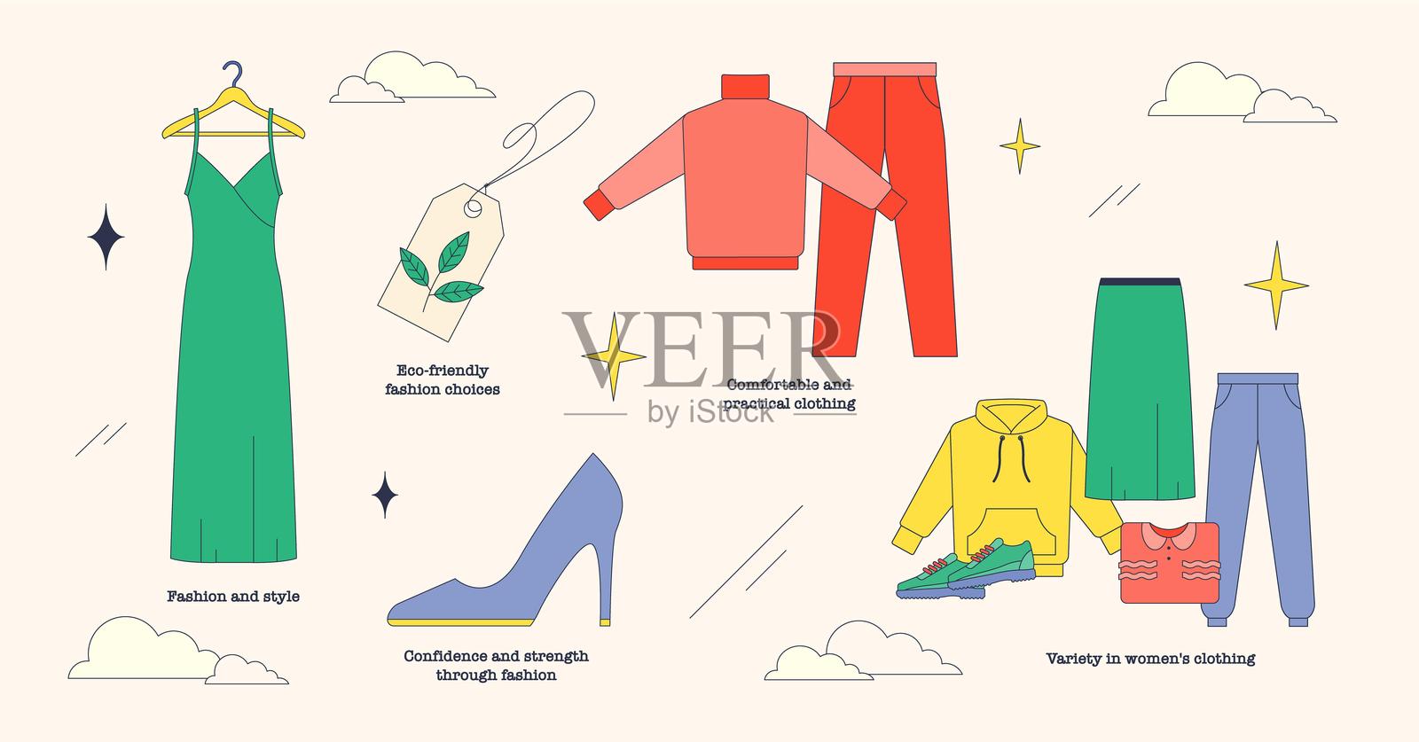女士服装突出环保时尚舒适和多样性插画图片素材