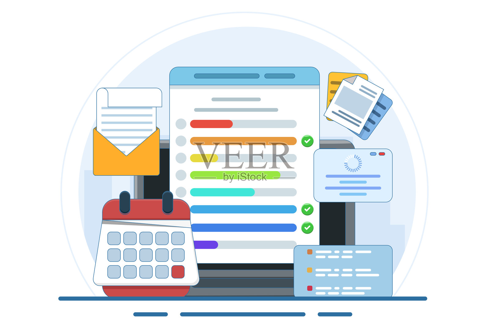 笔记本电脑上的任务仪表板概念与日历剪贴板清单。电子邮件营销，社交媒体营销。项目管理，工作截止日期概念。扁平矢量图。插画图片素材