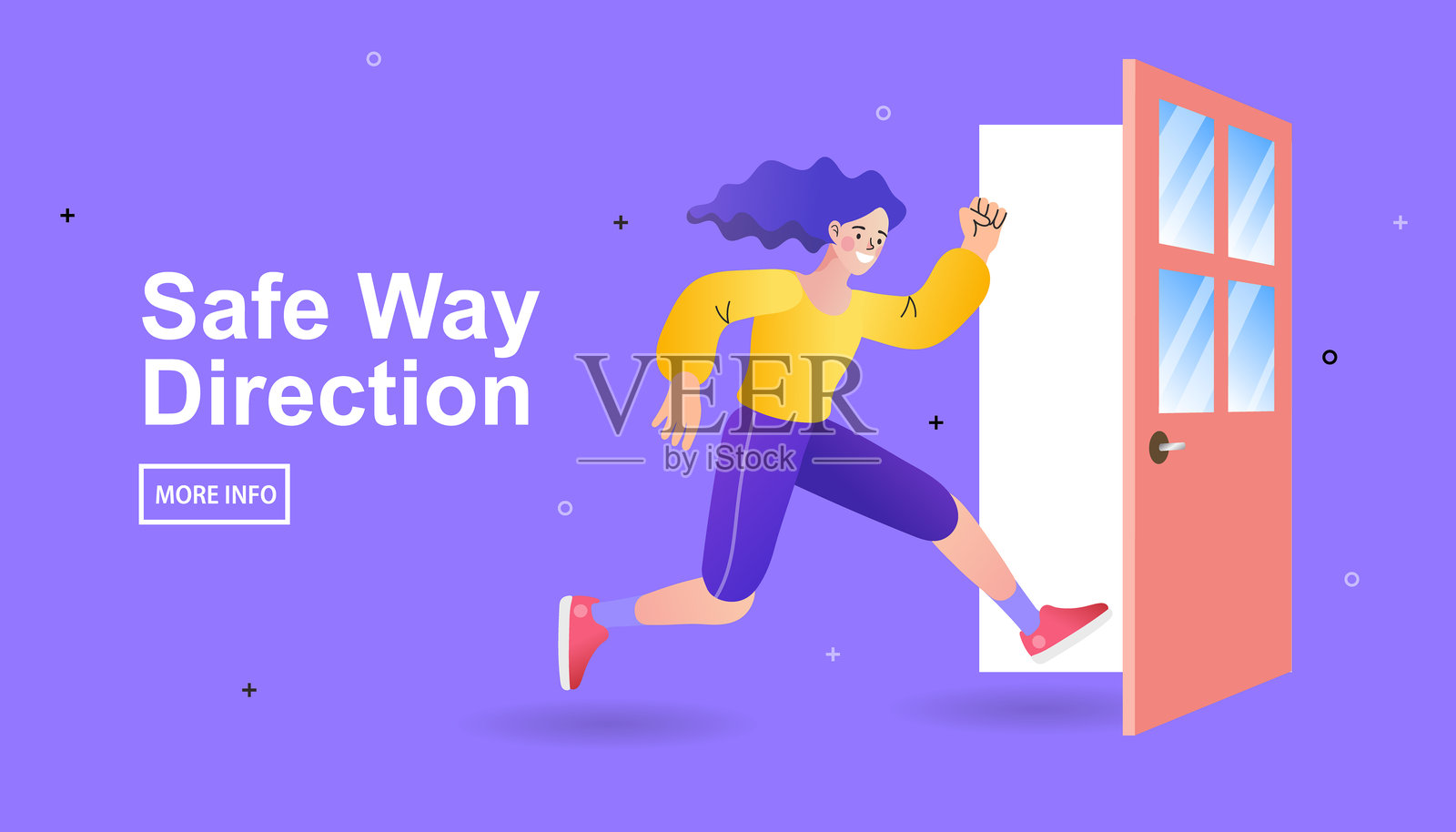 奔跑逃生的女人，女孩跑向敞开的门，离开家的人们，站在门口的女士，潮流扁平矢量图插画图片素材