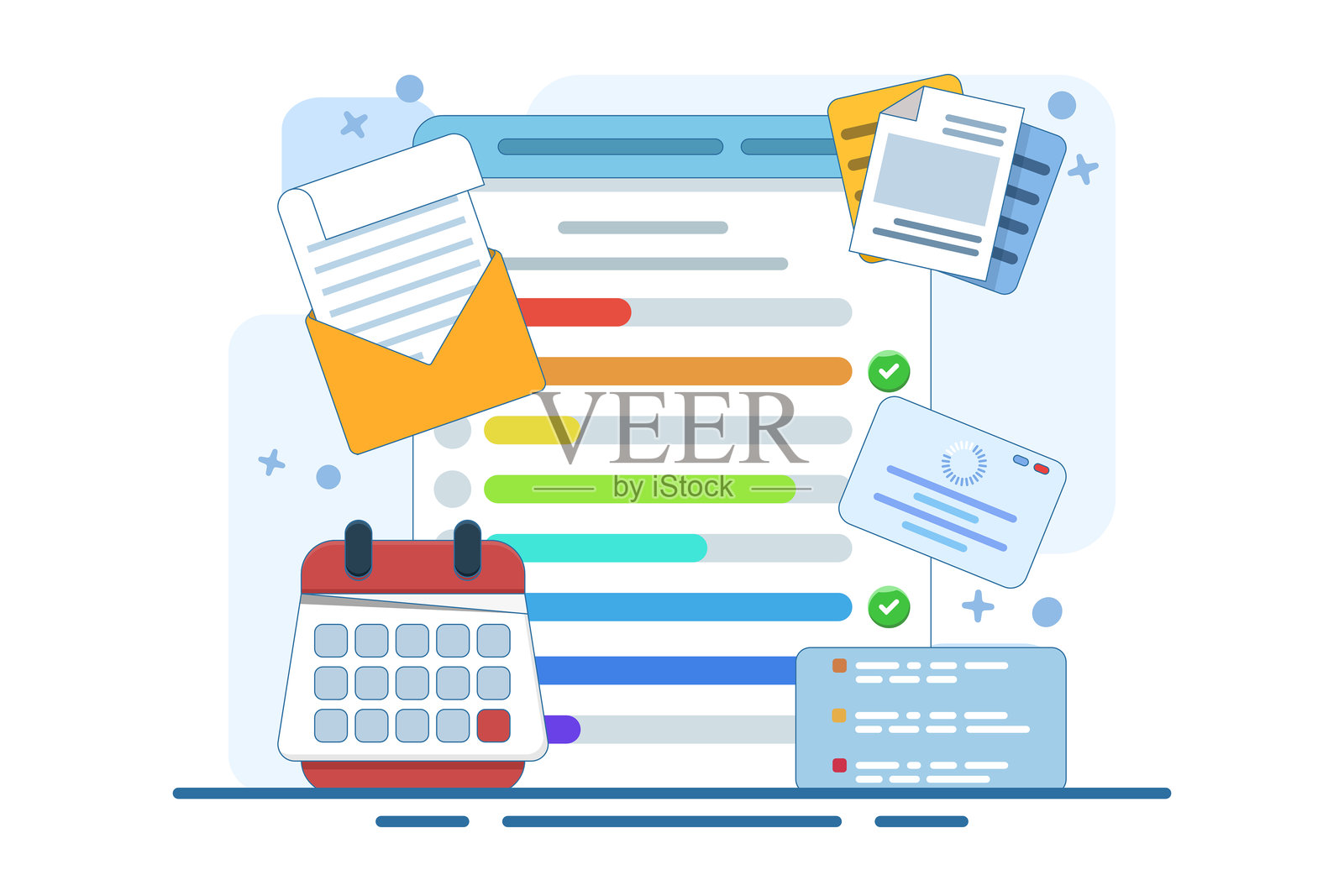 笔记本电脑上的任务仪表板概念与日历剪贴板清单。电子邮件营销，社交媒体营销。项目管理，工作截止日期概念。扁平矢量图。插画图片素材