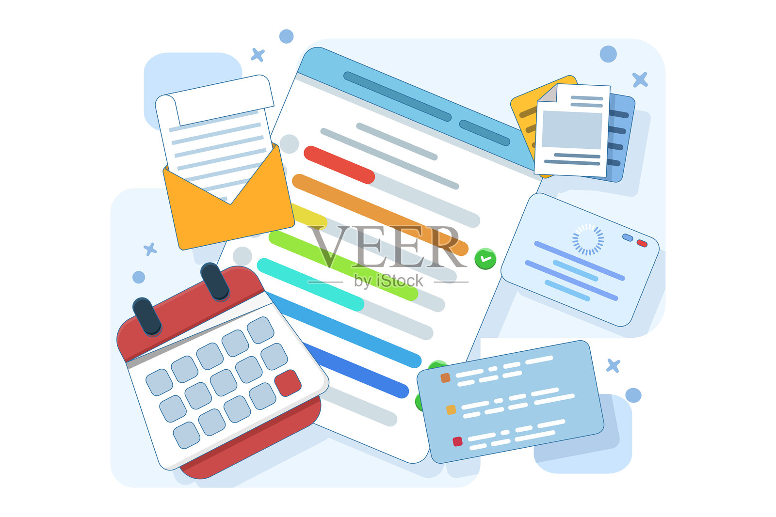 笔记本电脑上的任务仪表板概念与日历剪贴板清单。电子邮件营销，社交媒体营销。项目管理，工作截止日期概念。扁平矢量图。插画图片素材