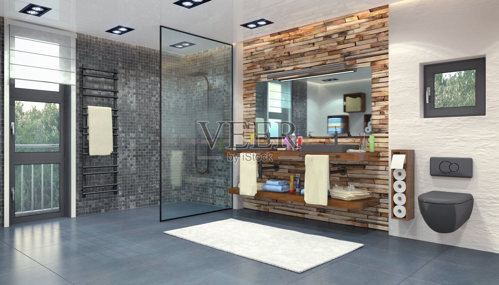 现代浴室的3D渲染，配有大型淋浴间照片摄影图片