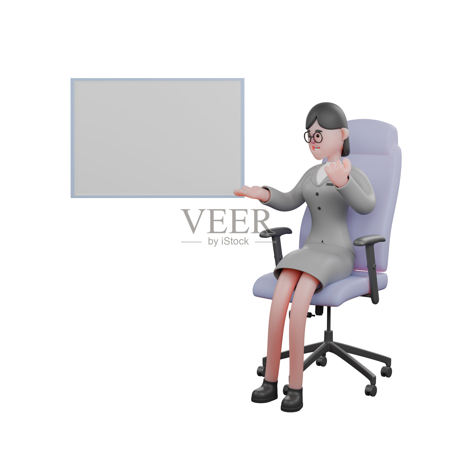 3D新闻专家记者。一位女记者坐在展示板旁，左手微微抬起。卡通男性。照片摄影图片