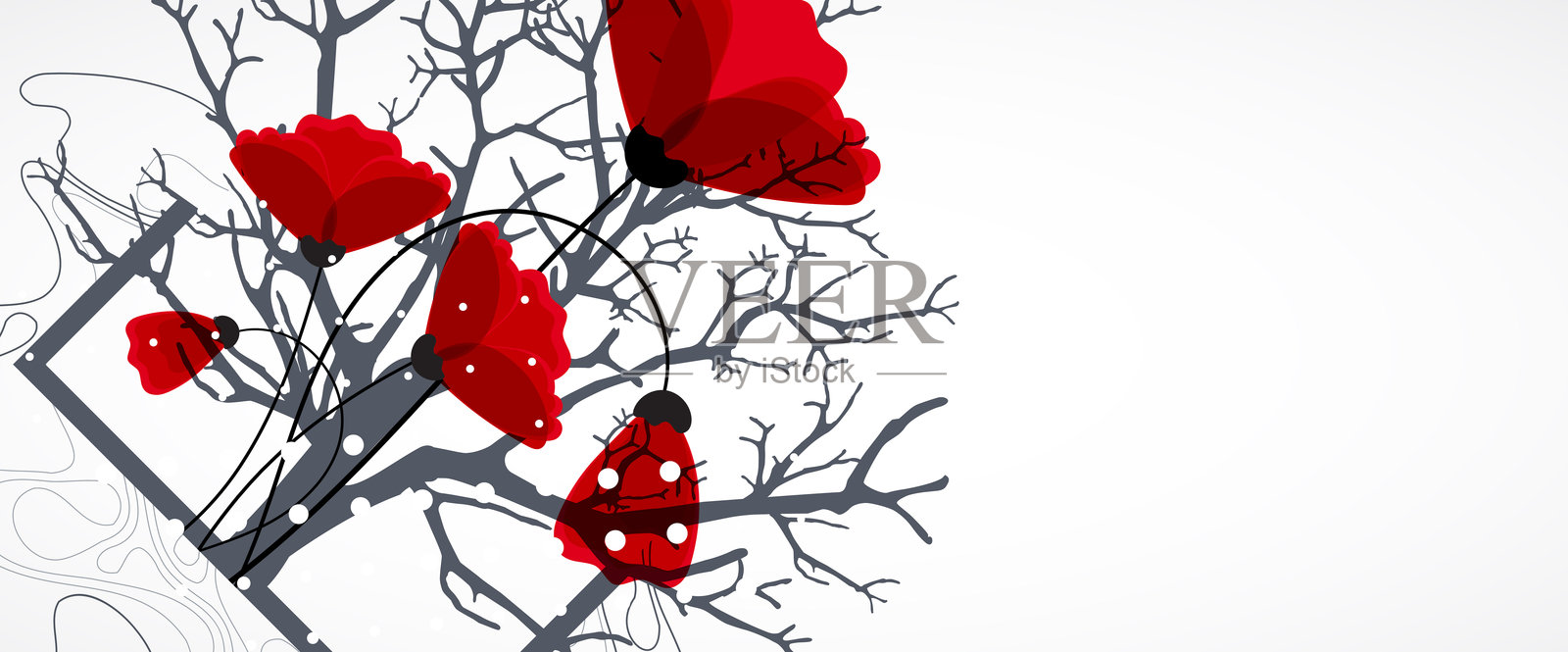 抽象自然背景。红色罂粟花在框架中。手绘矢量图。插画图片素材