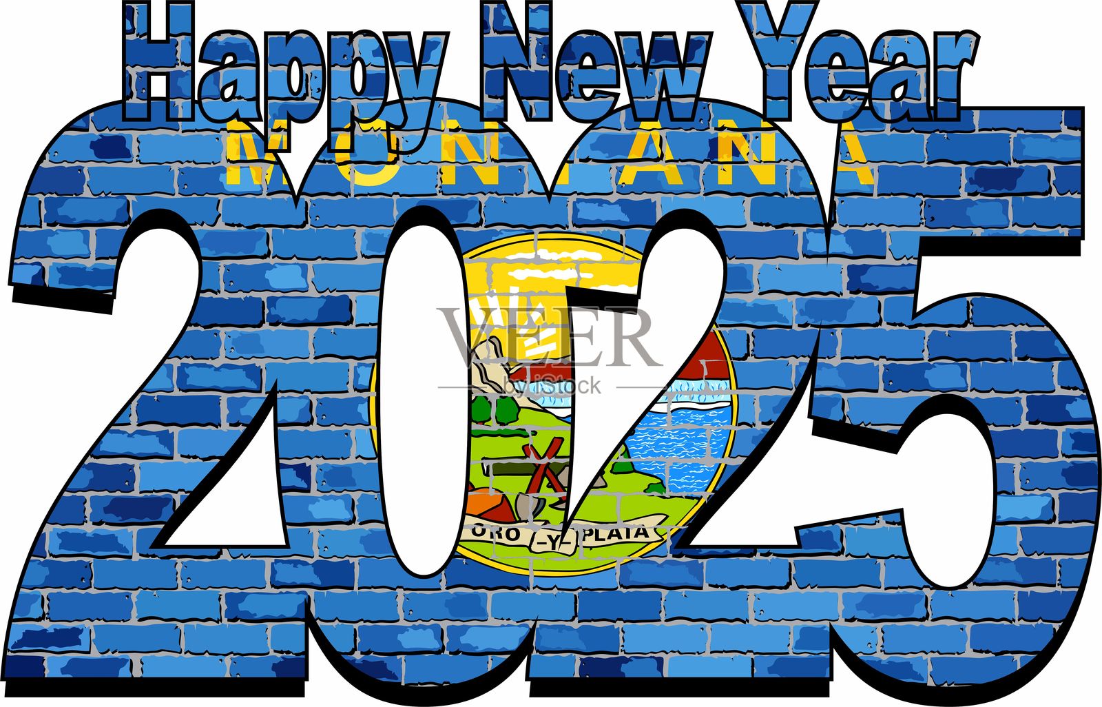 2025年新年快乐，内含蒙大拿州旗帜插画图片素材