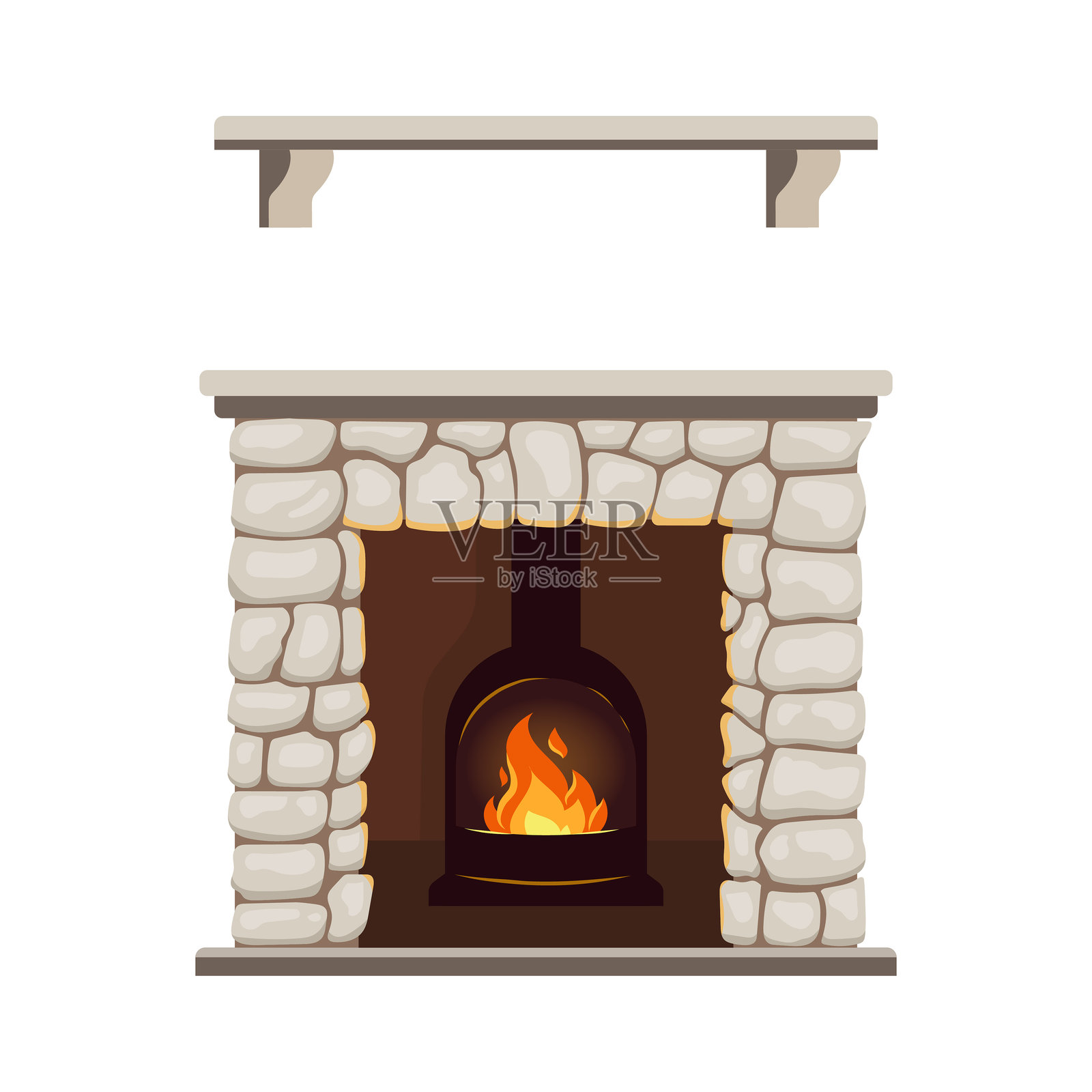 温馨的冬季室内壁炉或炉灶，带有壁架。经典的石制壁炉，燃烧的火焰闪耀着温暖的光芒。家中的壁炉为舒适和放松提供了理想的环境。矢量平面插图插画图片素材