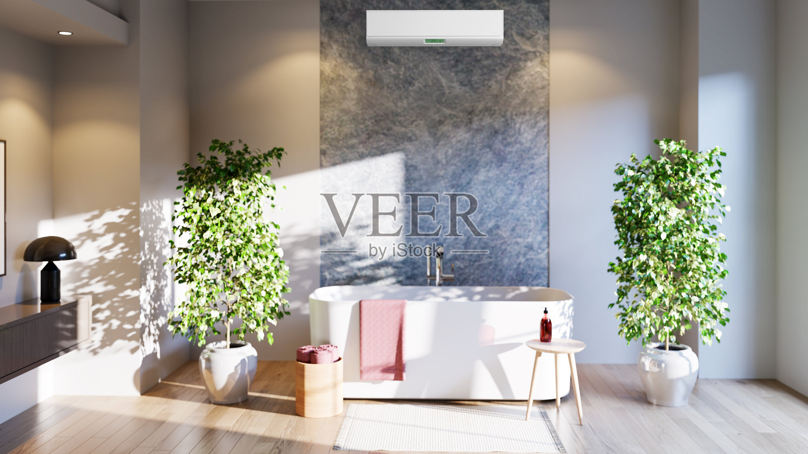 现代明亮的室内房间，配有空调和遥控器插图 3D 渲染照片摄影图片