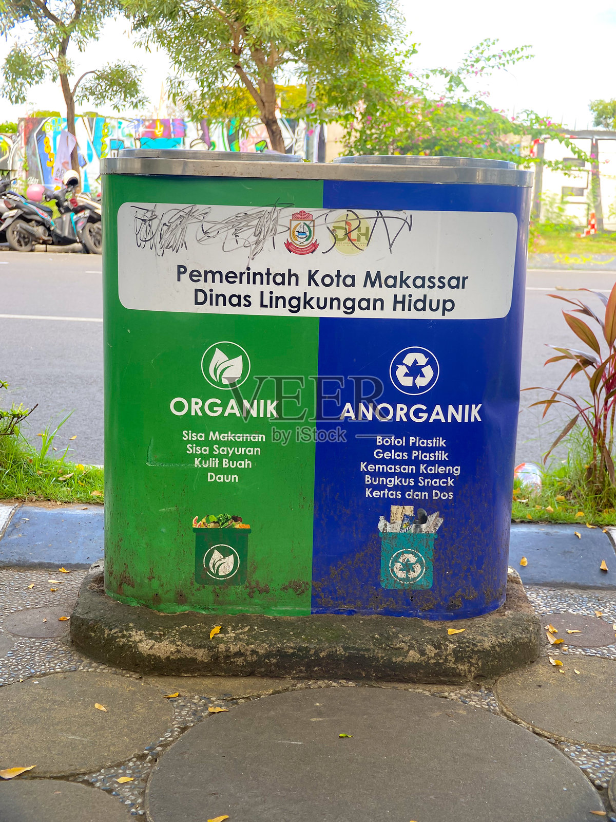 用于有机和无机废物的绿色和蓝色回收箱照片摄影图片